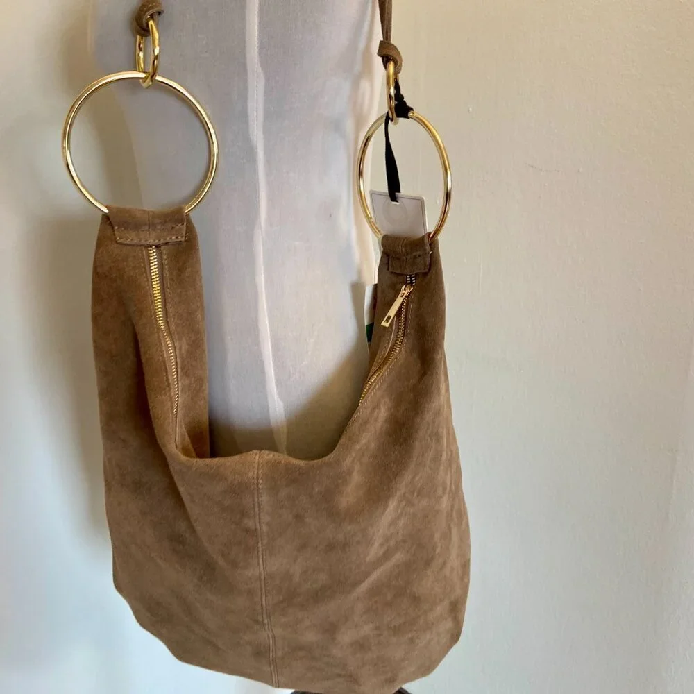 Marlon Borsa Art Rosita Italy Suede Leather Rings Taupe Hobo Tan Slouchy NEW - Picture 6 of 14